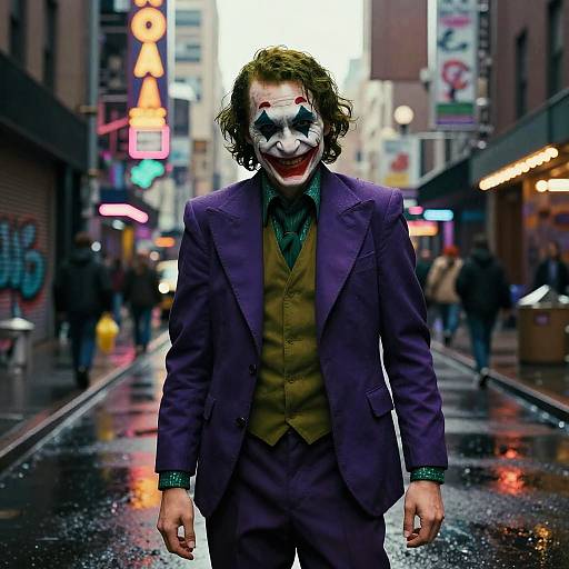 Photograph of Joker in purple suit and white face paint, standing on wet, neon-lit city street at night, with blurred pedestrians and illuminated signs