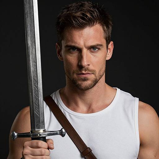 Photograph of a muscular, bearded man with short brown hair, wearing a white tank top and holding a sword, against a black background. Serious