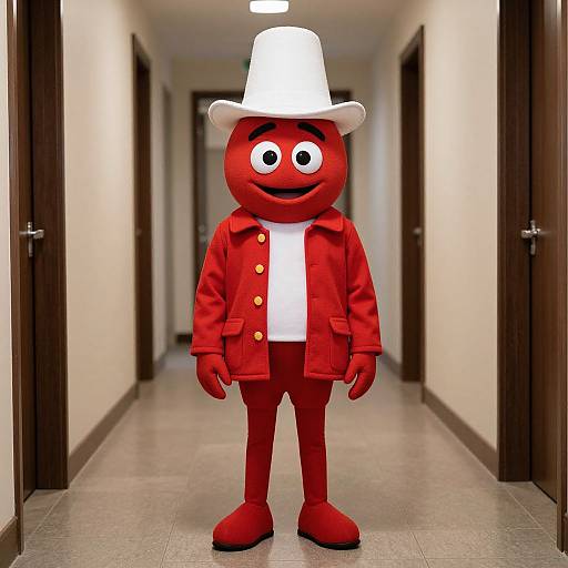 Photograph of a red, cartoon-style mascot with a white hat, red jacket, white shirt, and red pants, standing in a brightly lit,