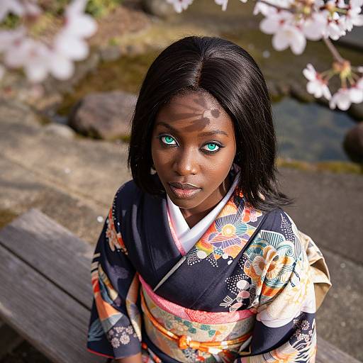 Photograph of a young Black woman with striking green eyes, wearing a colorful floral kimono, sitting outdoors near a rocky, cherry blossom-filled garden.