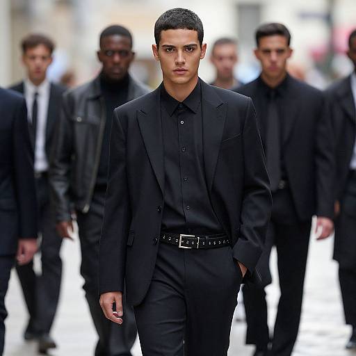Photograph of a confident young man with short black hair, wearing a black suit and shirt, walking down a bright runway with blurred, similarly dressed men