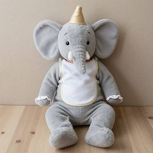 Photograph of a plush grey elephant with a gold cone hat, white bib, sitting on a wooden floor against a beige wall.
