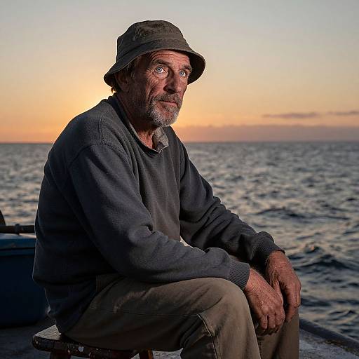 Photograph of an elderly man with a grey beard and hat, wearing a dark sweater and beige pants, sitting on a boat at sunset with a calm