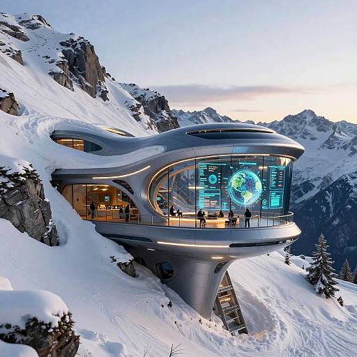High-tech, futuristic mountain lodge with large circular windows, illuminated screens, and a snowy alpine backdrop, surrounded by rugged peaks.