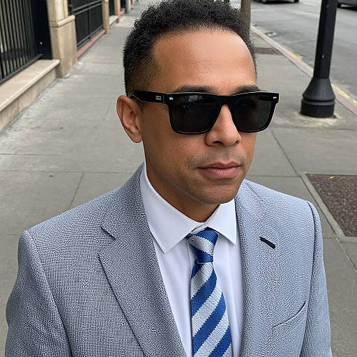 Photograph of a young man with short black hair, wearing black sunglasses, a light gray checkered suit, white shirt, and blue striped tie,
