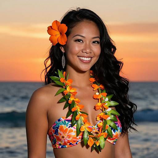 Smiling Asian Woman at Sunset Beach