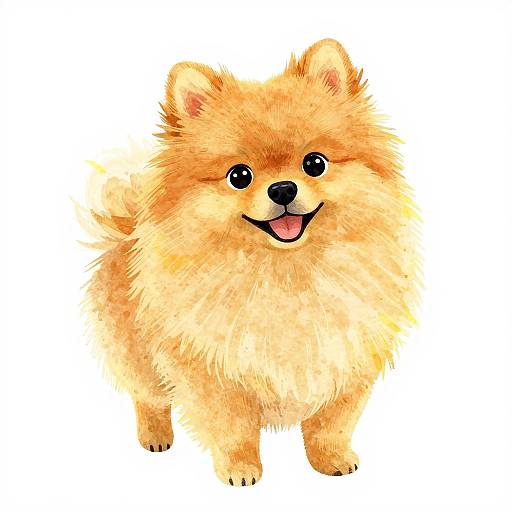 Cute digital illustration of a fluffy, golden-orange Pomeranian with black, shiny eyes, a black nose, and a happy, open-mouthed