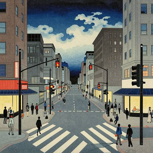 Digital illustration of a busy urban crosswalk at dusk, featuring pedestrians, traffic lights, and illuminated storefronts between tall buildings.