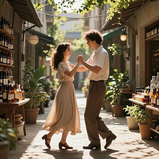 Photograph of a curly-haired couple dancing in a sunlit, plant-filled alleyway with wine bottles on shelves to the left and right.