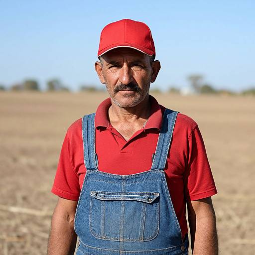 Photograph of an elderly man with a mustache, wearing a red cap, red polo shirt, and blue denim overalls, standing in a sun