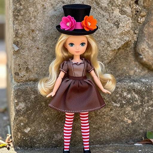 Photograph of a blonde doll with long hair, wearing a black top hat with pink and orange flowers, brown dress, and red-and-white striped leggings