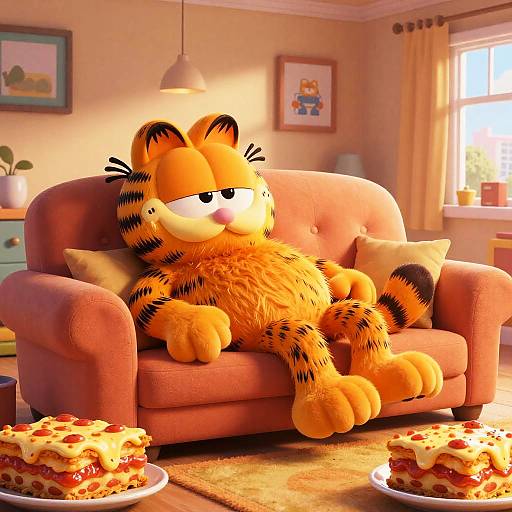 CGI image of Garfield the orange tabby cat lounging on a pink couch in a sunlit living room, surrounded by pizza slices.