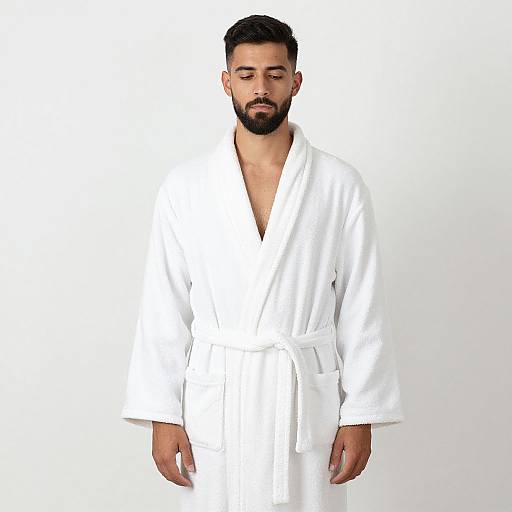 Photograph of a bearded man with short dark hair, wearing a white bathrobe, standing against a plain white background.