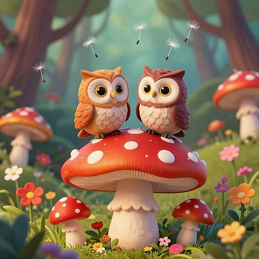 Cute, cartoon-style digital illustration of two wide-eyed owls with brown and orange feathers, sitting on a red-spotted mushroom in a vibrant,
