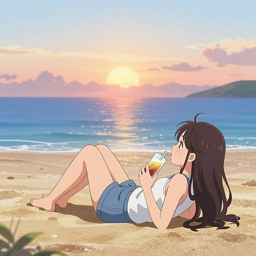 Anime-style drawing of a girl with long black hair, wearing a white tank top and blue shorts, lying on a sandy beach at sunset, sipping