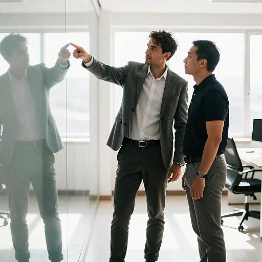 Sunlit Office Conversation Between Two Men