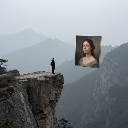 Photograph of a person standing on a rocky cliff, overlooking misty mountains, with a superimposed portrait of a young woman with dark hair and