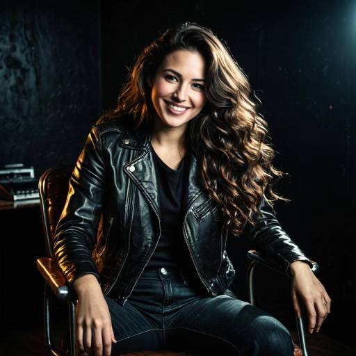 Smiling Woman in Leather Jacket Sitting on Chair