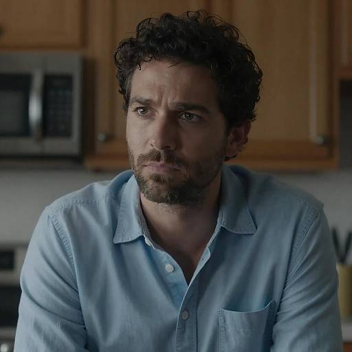 Focused Man in Dimly Lit Kitchen