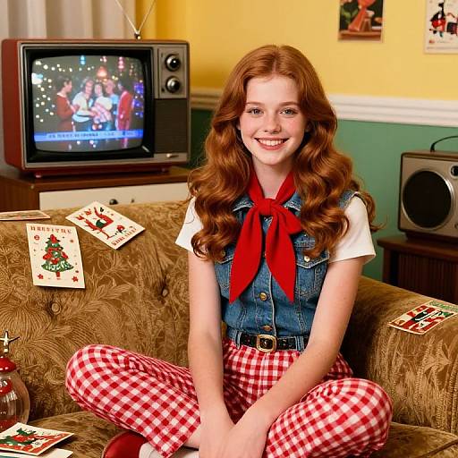 Photograph of a smiling red-haired girl with curly hair, wearing a denim vest, red scarf, and red-and-white checkered pants, sitting on