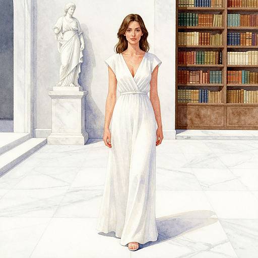 Photograph of a smiling woman with wavy brown hair, wearing a white, V-neck, short-sleeved dress, standing in a library with