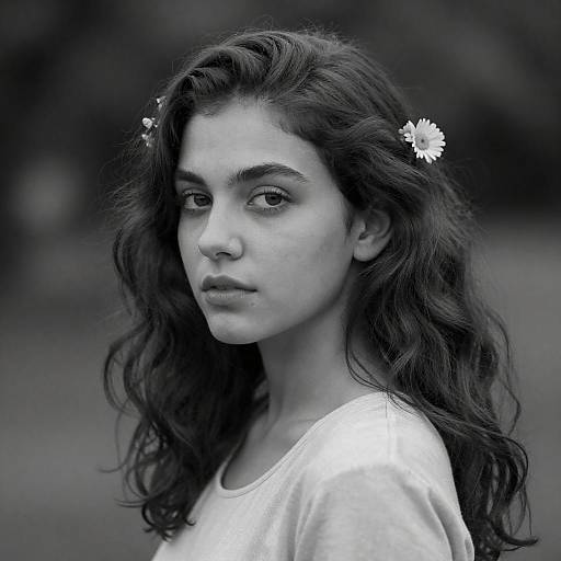 Black-and-White Young Woman with Flowers