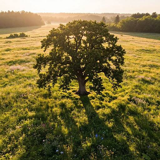 Photograph of a solitary, large leafy tree standing in a sunlit, golden-green meadow at sunset, casting a long shadow.