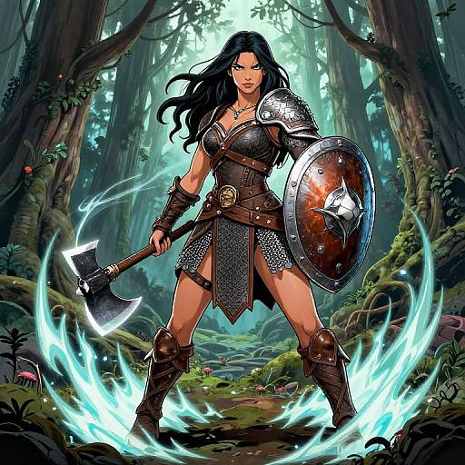 Digital art of a fierce, muscular woman with long black hair, armor, axe, and shield, standing in a glowing, enchanted forest.