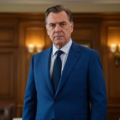 Photograph of a middle-aged white man with slicked-back brown hair, wearing a navy blue suit, white shirt, and black tie, standing in