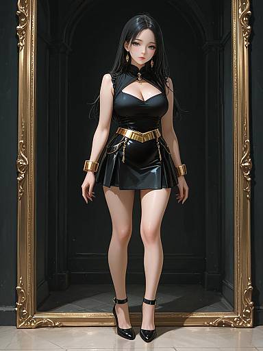 Chic Woman in Black Mini Dress with Gold Accessories