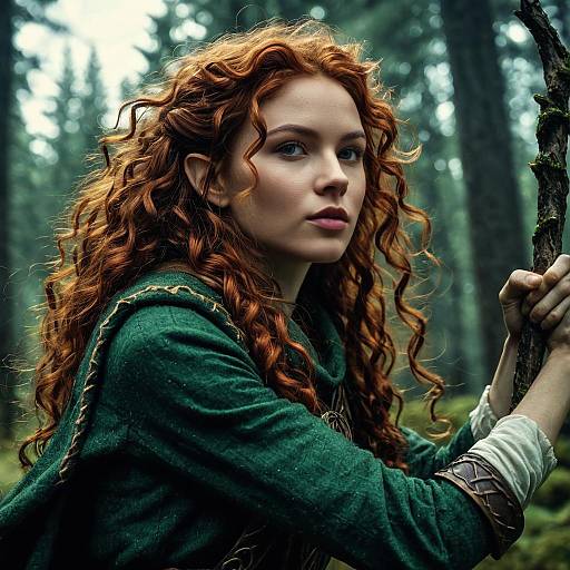 Elf Woman with Curly Auburn Hair in Forest