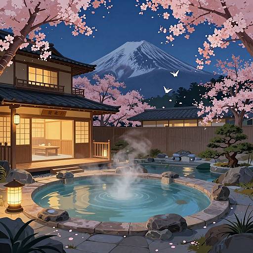 Digital art of a serene Japanese garden at night, featuring a steaming hot tub, cherry blossoms, mountain backdrop, illuminated wooden house, and flutter
