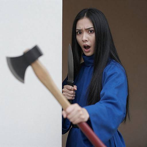 Woman in Blue Robe Holding Knife and Axe