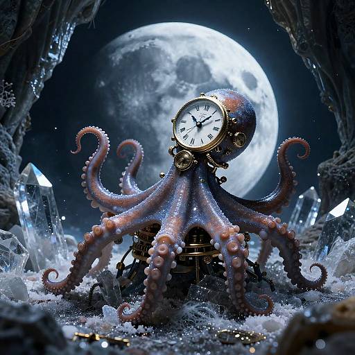 Digital art: A clock with octopus tentacles stands in a crystalline cave under a glowing full moon. Dark, mystical, and surreal.