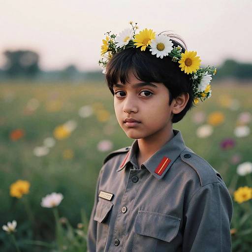 Photograph of a young Indian boy with dark hair, wearing a gray button-up shirt with red epaulettes, crowned with yellow and white flowers