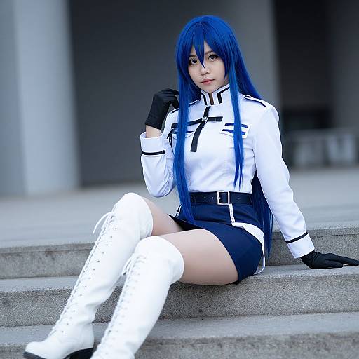 Photograph of a blue-haired woman in white military-style cosplay, black gloves, skirt, and boots, sitting on concrete steps.