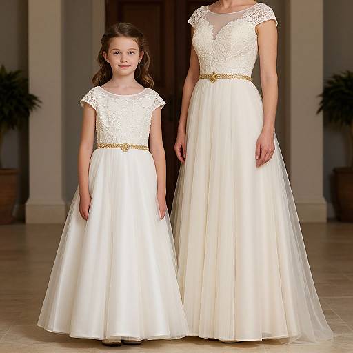 Photograph of a young girl and an adult woman in matching white lace bodice and tulle skirts, standing in an elegant, dimly lit hall