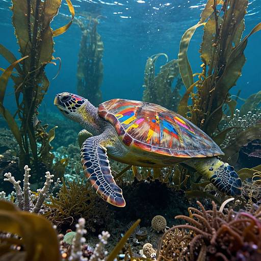Vibrant photograph of a sea turtle with colorful shell swimming among coral and seaweed in a clear, blue underwater environment.
