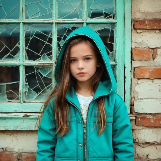 Young Girl in Teal Hooded Jacket by Broken Window