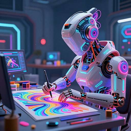 Neon-lit, futuristic robot artist creates vibrant, swirling digital artwork on a tablet in a high-tech, sci-fi lab setting.