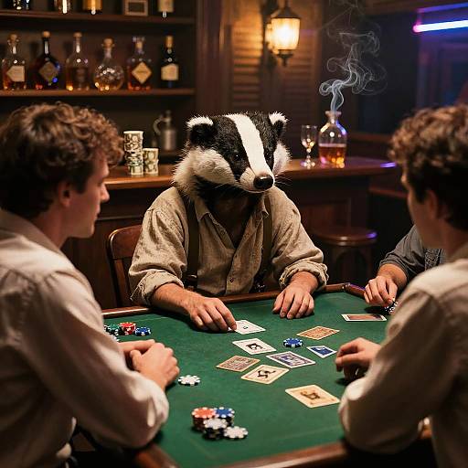 Photograph of a bar poker game with a person wearing a badger mask, two men in shirts, poker chips, cards, and a lit cigarette