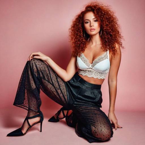 Fashion Model in Lace Crop Top and Sheer Pants