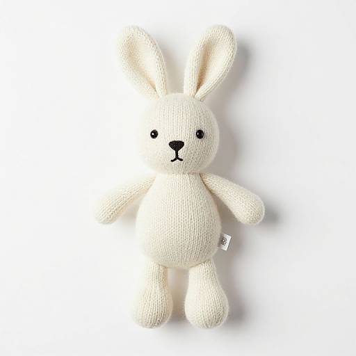 Photograph of a white, knitted, stuffed bunny with black eyes and nose, standing against a plain white background.