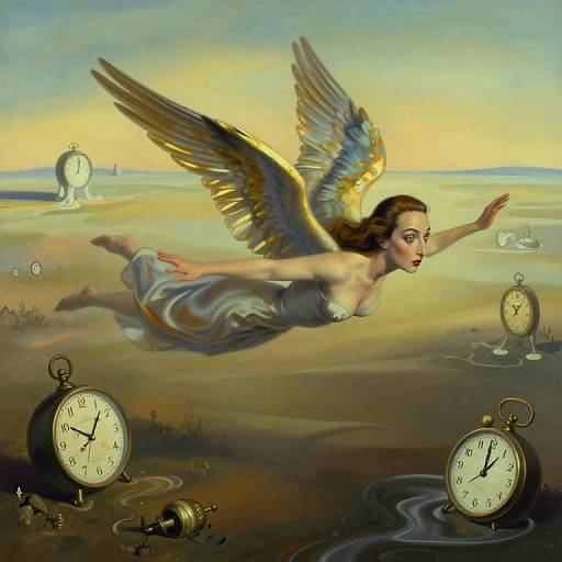 Digital painting of a winged woman in a flowing dress, flying over a surreal landscape with floating, ticking pocket watches.