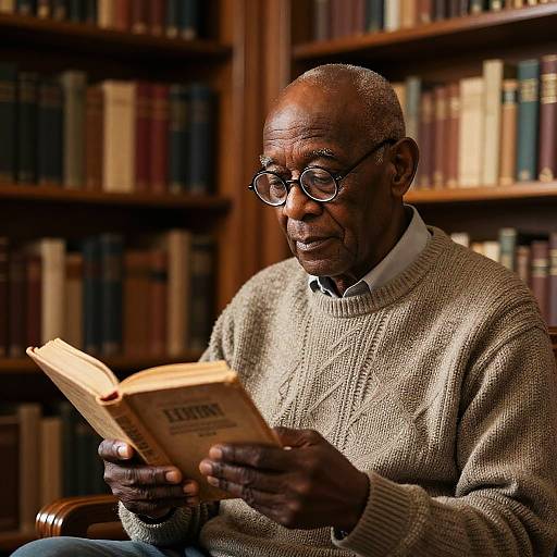 Elderly Man Reading in Cozy Library