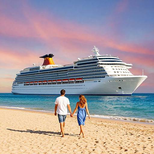 Photograph of a couple walking on a sandy beach, holding hands, towards a large white cruise ship with orange smokestack against a pink and blue sunset