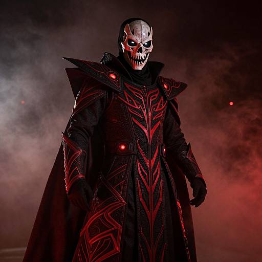 Digital artwork of a menacing skeleton warrior in a dark, red-embroidered cloak, standing against a smoky, red-lit background.