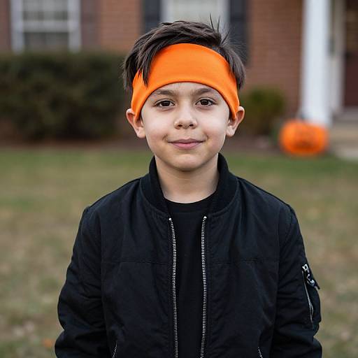 Photograph of a young boy with short dark hair, wearing an orange headband and black jacket, smiling outdoors with blurred pumpkin and house in background.