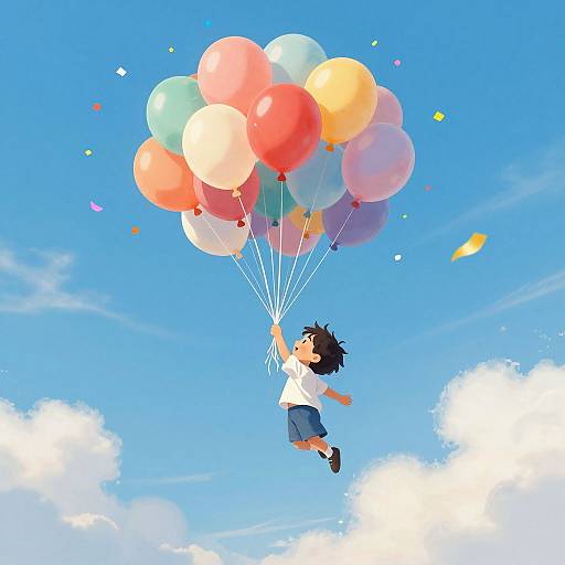 Digital illustration of a young boy with dark hair, wearing a white shirt and blue shorts, joyfully flying with colorful balloons in a bright blue sky with