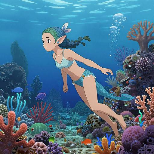 Anime-style digital illustration of a green-haired mermaid with a braided ponytail, wearing a blue bikini, swimming underwater among colorful coral reefs and marine